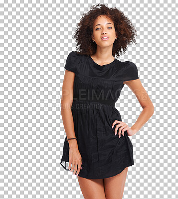 Buy stock photo Portrait, fashion and woman in a black dress on isolated, transparent and png background. Face, confident and fashionable female model in elegant clothing, proud and posing with formal aesthetic 
