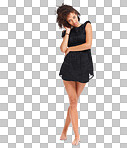 A Beauty, fashion and portrait of a black woman barefoot natural hair with black dress. Young female model posing with free space for marketing and advertising cosmetics or clothes isolated on a png background