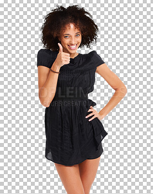 Buy stock photo Fashion model in portrait, woman with thumbs up and smile, motivation and happy isolated on transparent, png background. Vote, opinion and emoji, female person with hand gesture and short black dress