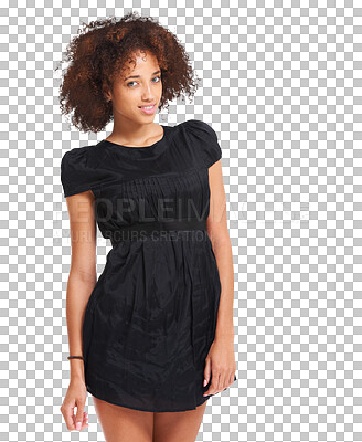 Buy stock photo Fashion, chic and portrait of a female with stylish, casual and designer brand clothes. Style, young and woman model with stylish, trendy and cute dress outfit isolated by transparent png background.