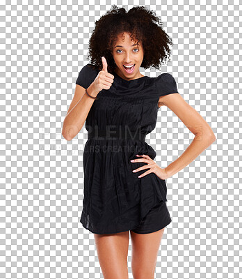Buy stock photo Excited model in portrait, woman with thumbs up and smile, motivation and fashion isolated on transparent, png background. Vote, opinion and emoji, female person with hand gesture and black dress