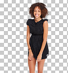 A Fashion, clothes and portrait of happy black woman with designer brand dress, casual outfit style and luxury apparel. Aesthetic beauty girl, studio smile and African fashion model isolated on a png background
