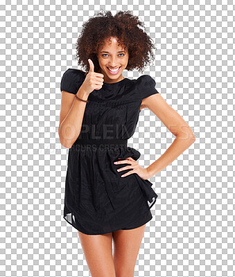 Buy stock photo Fashion model in portrait, happy woman and thumbs up with smile and motivation isolated on transparent, png background. Vote, opinion and emoji, female person with hand gesture and short black dress