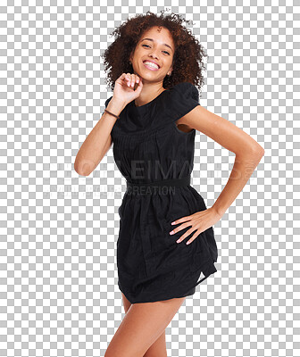 Buy stock photo Portrait, fashion and happy woman in black dress on isolated, transparent and png background. Face, smile and fashionable female model in elegant clothing, confident and posing with chic aesthetic 