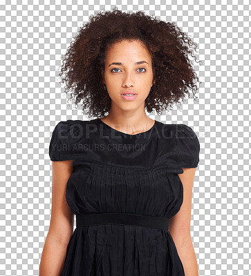 Buy stock photo Fashion, portrait and serious woman in black dress on isolated, transparent and png background. Face, confident and fashionable person or female model in elegant clothing, posing with chic aesthetic 