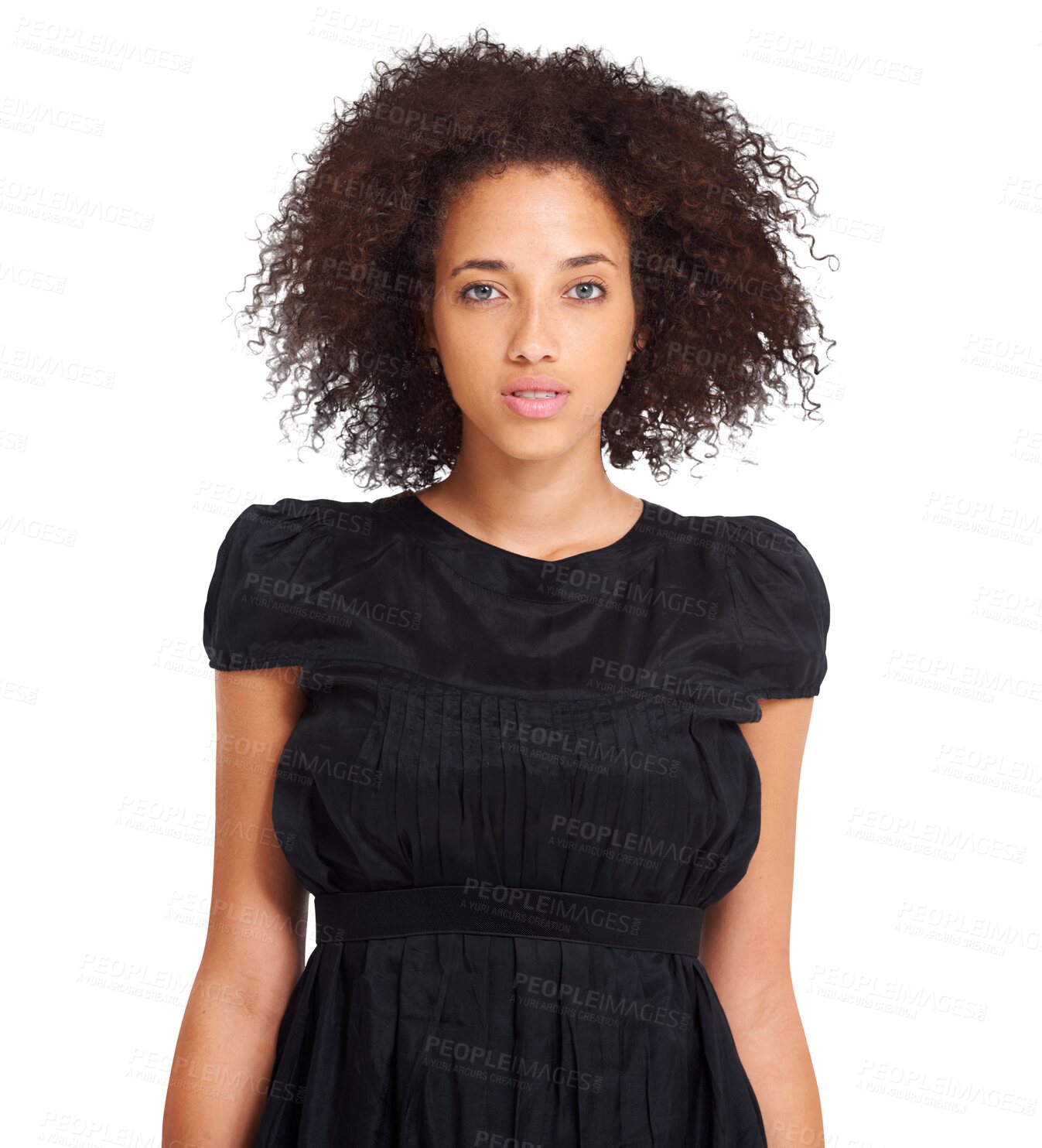 Buy stock photo Fashion, portrait and serious woman in black dress on isolated, transparent and png background. Face, confident and fashionable person or female model in elegant clothing, posing with chic aesthetic 