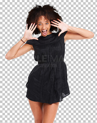 Buy stock photo Surprised face portrait, black woman and afro with hands up in fashion party dress, trendy clothes or style clothing. Shocked, model or wow facial expression isolated on a transparent png background