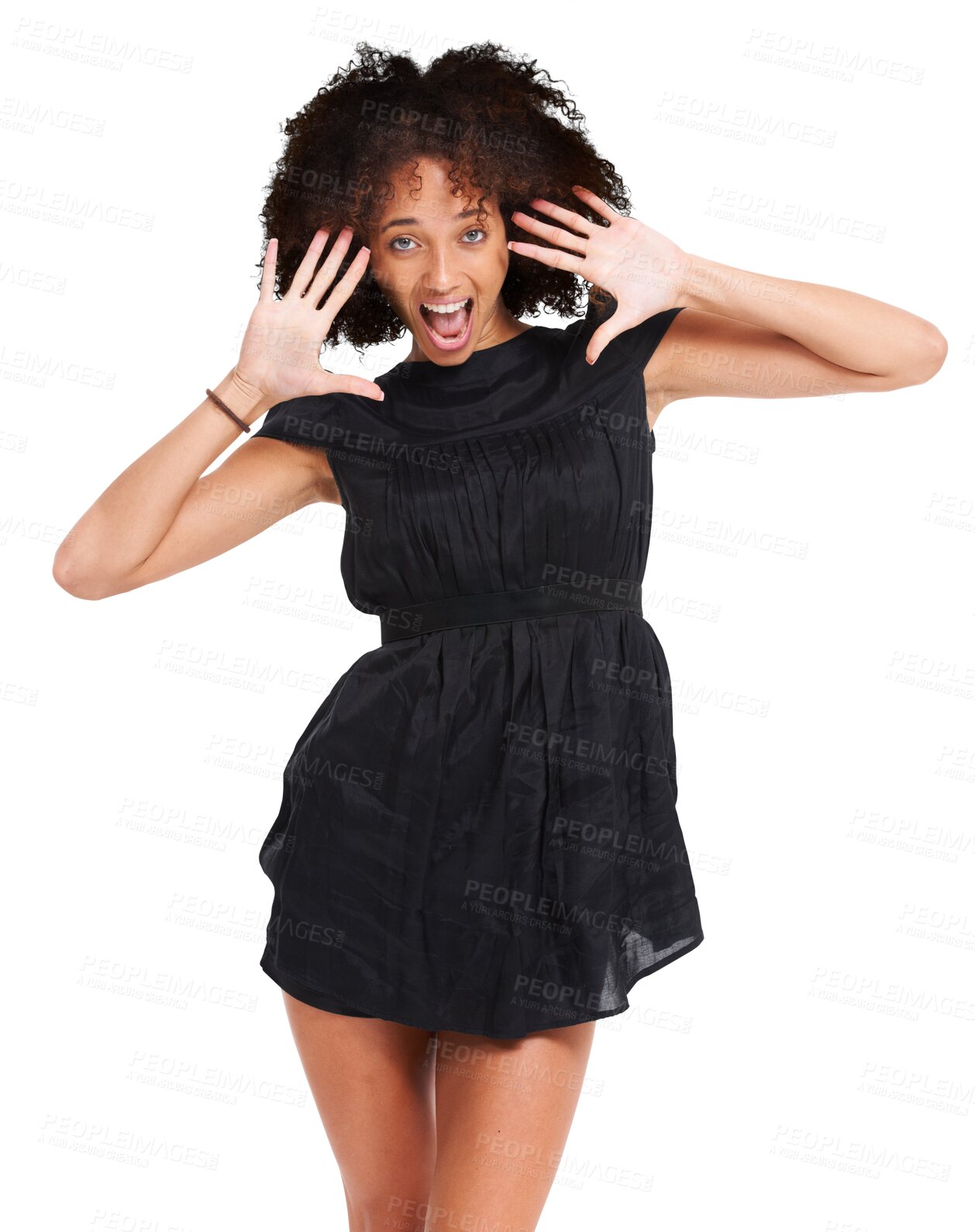Buy stock photo Surprised face portrait, black woman and afro with hands up in fashion party dress, trendy clothes or style clothing. Shocked, model or wow facial expression isolated on a transparent png background
