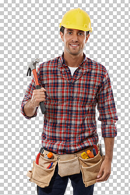 Buy stock photo Man, portrait and construction worker with hammer, smile or architecture goal for engineering, helmet and safety. Handyman, tools and building maintenance with contractor isolated on a png background
