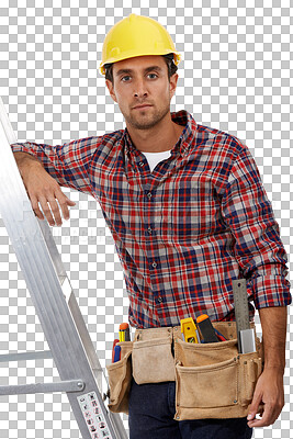 Buy stock photo Man, portrait and construction worker for maintenance by ladder, industry and goal for project, helmet or safety. Handyman, contractor or builder with tools at isolated on transparent png background
