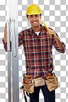 Handyman, portrait and maintenance worker with man, construction and employee with ladder and helmet for safety. Construction worker, tools and happy man with contractor isolated on a png background