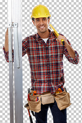 Buy stock photo Builder man, smile and portrait with ladder for maintenance, job or engineering in safety helmet. Isolated handyman, contractor and happy for architecture, construction and transparent png background