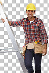 Construction, building and portrait of a handyman on a ladder for home improvement. Service, happy and safety construction worker with a maintenance or repair job on a white isolated on a png background