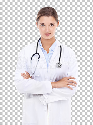Buy stock photo Confident, portrait and woman doctor for healthcare, cardiology or health insurance. Attractive young female medical professional standing with arms crossed isolated on a transparent png background