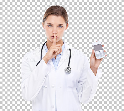 Buy stock photo Secret, phone and silence portrait of doctor with finger on lips for quiet and isolated on transparent png background. Woman, hand on mouth or confidential medical results in healthcare privacy emoji