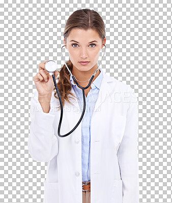 Buy stock photo Confident, portrait and woman doctor with stethoscope in studio for healthcare cardiology checkup on mockup. Attractive young female medical expert standing isolated on a transparent png background