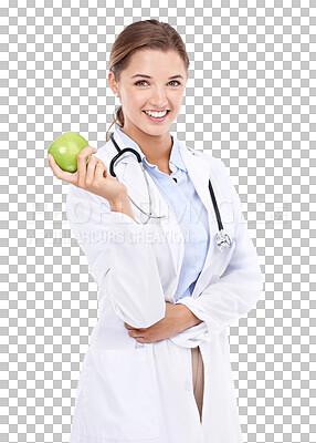 Buy stock photo Smile, portrait and doctor with apple for weight loss and health on isolated, transparent and png background. Happy, face and nutritionist with fruit for diet, detox or healthy life and wellness