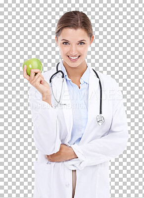 Buy stock photo Happy, portrait and doctor with apple for weight loss and health on isolated, transparent and png background. Smile, face and nutritionist person with fruit for diet, wellness or healthy life