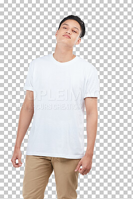 Buy stock photo Portrait, fashion and Asian man with confidence, casual clothes and guy isolated against transparent png background. Style, male person and guy with edgy clothes, facial expression and stylish tshirt