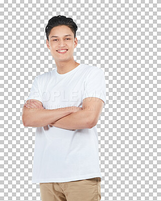 Buy stock photo Arms crossed, portrait and happy asian guy with casual, fashion and confidence on isolated, transparent or png background. Smile, style and face of proud gen z male person confident or cool aesthetic