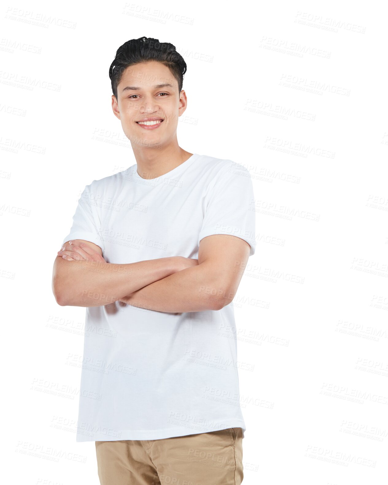Buy stock photo Arms crossed, portrait and happy asian guy with casual, fashion and confidence on isolated, transparent or png background. Smile, style and face of proud gen z male person confident or cool aesthetic