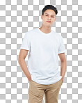 Cool portrait of a handsome Asian man on an isolated and transparent png background. Confidence, attractive and relaxed Japanese model in trendy,casual clothing for fashion