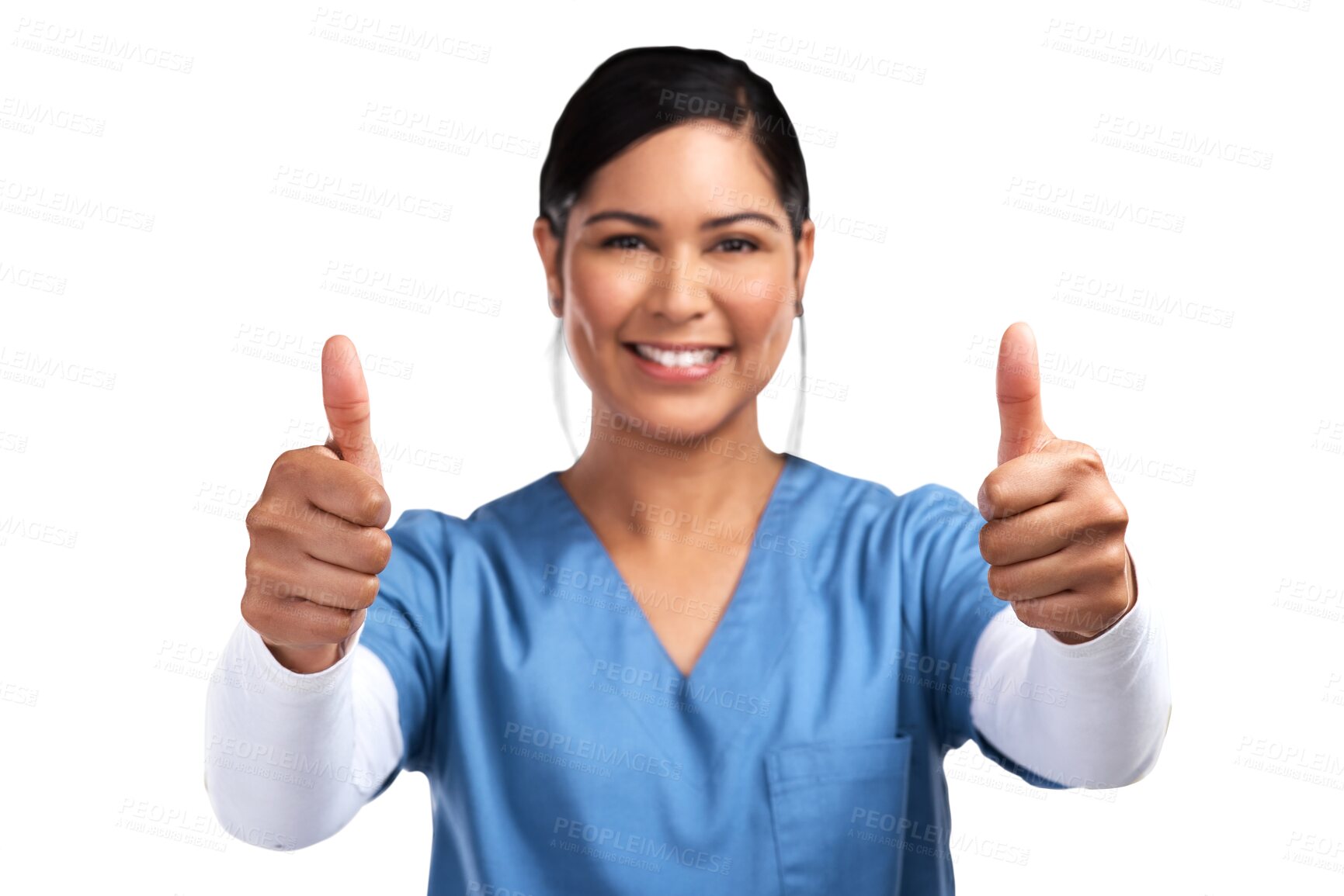 Buy stock photo Portrait, thumbs up and motivation with a nurse woman isolated on a transparent background for healthcare. Medical, thank you and support with a young medicine professional saying yes to like on PNG