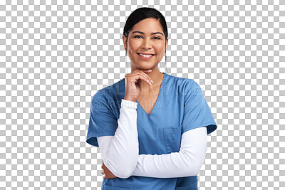 Buy stock photo Happy, healthcare and portrait of woman as a doctor in scrubs for nursing, cardiology or medicine. Expert surgeon, smile and a nurse or medical clinic worker isolated on a transparent png background