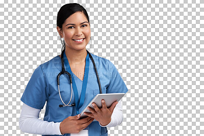 Buy stock photo Doctor, tablet and woman in portrait isolated on transparent, png background for telehealth service or paperless management. Happy face of medical worker, nurse or person with digital technology