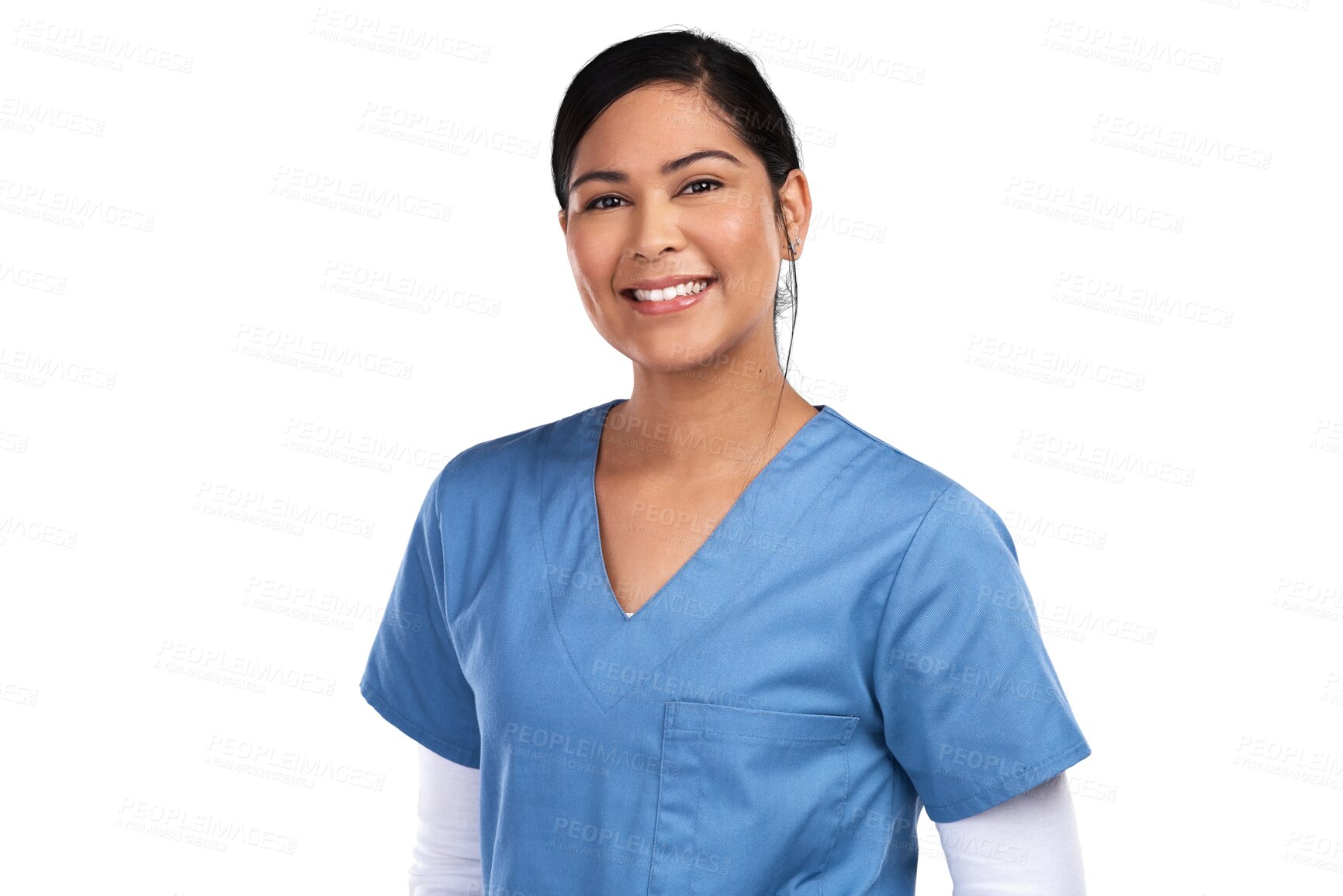 Buy stock photo Portrait, smile and healthcare with a nurse woman isolated on a transparent background for treatment. Medical, happy and trust with a young mexican female medicine professional in scrubs on PNG