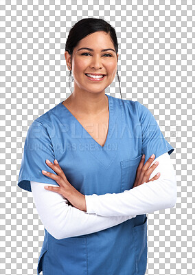 Buy stock photo Nurse in portrait, woman with arms crossed and happy healthcare professional isolated on transparent png background. Female doctor, medicine and smile of hospital staff, health and pride for nursing