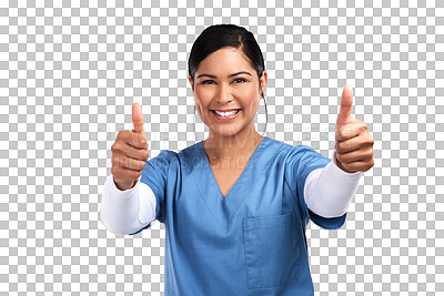Buy stock photo Portrait, thumbs up and support with a nurse woman isolated on a transparent background for healthcare. Medical service, thank you and motivation with medicine professional saying yes to like on PNG