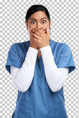 Buy stock photo Healthcare, shocked and medical nurse woman isolated on a transparent, png background. Face of professional person, surgeon or doctor with hands on mouth for wow surprise, miracle or announcement