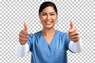 Buy stock photo Portrait, thumbs up and thank you with a nurse woman isolated on a transparent background for healthcare. Medical, motivation and support with a young medicine professional saying yes or like on PNG