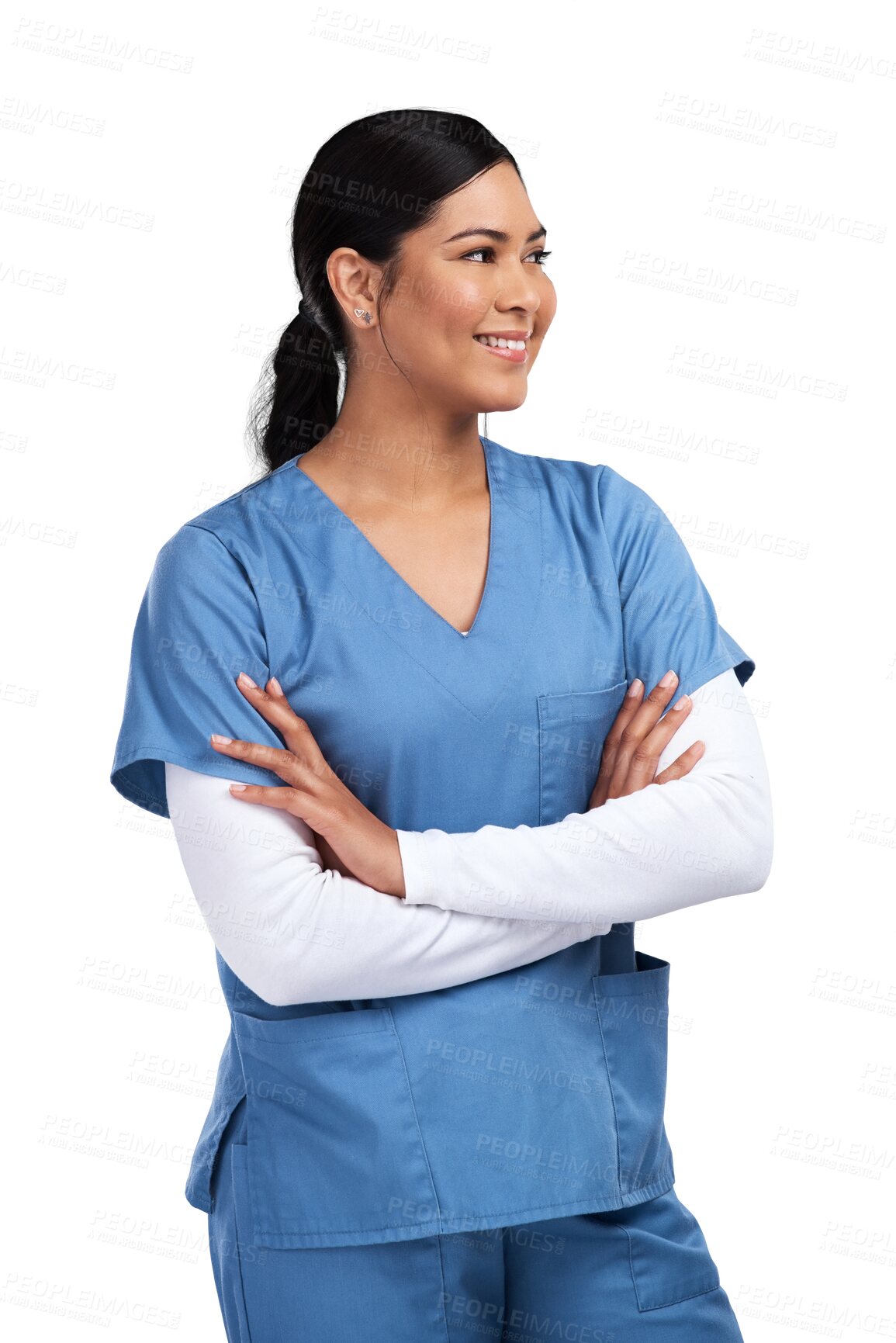 Buy stock photo Healthcare, thinking and a medical nurse woman isolated on a transparent, png background. Professional person, surgeon or doctor think with arms crossed and a smile for idea, medicine or career