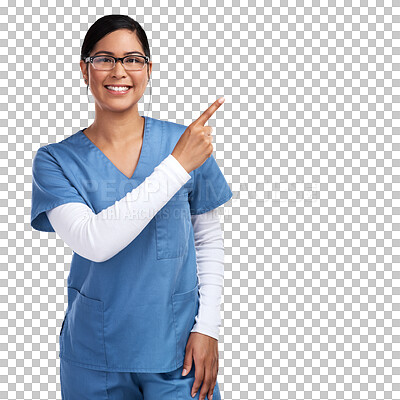 Buy stock photo Portrait, smile and woman doctor or nurse pointing, isolated on transparent png background and glasses in health promo. Advice, happy female medical caregiver showing healthcare tips or announcement.