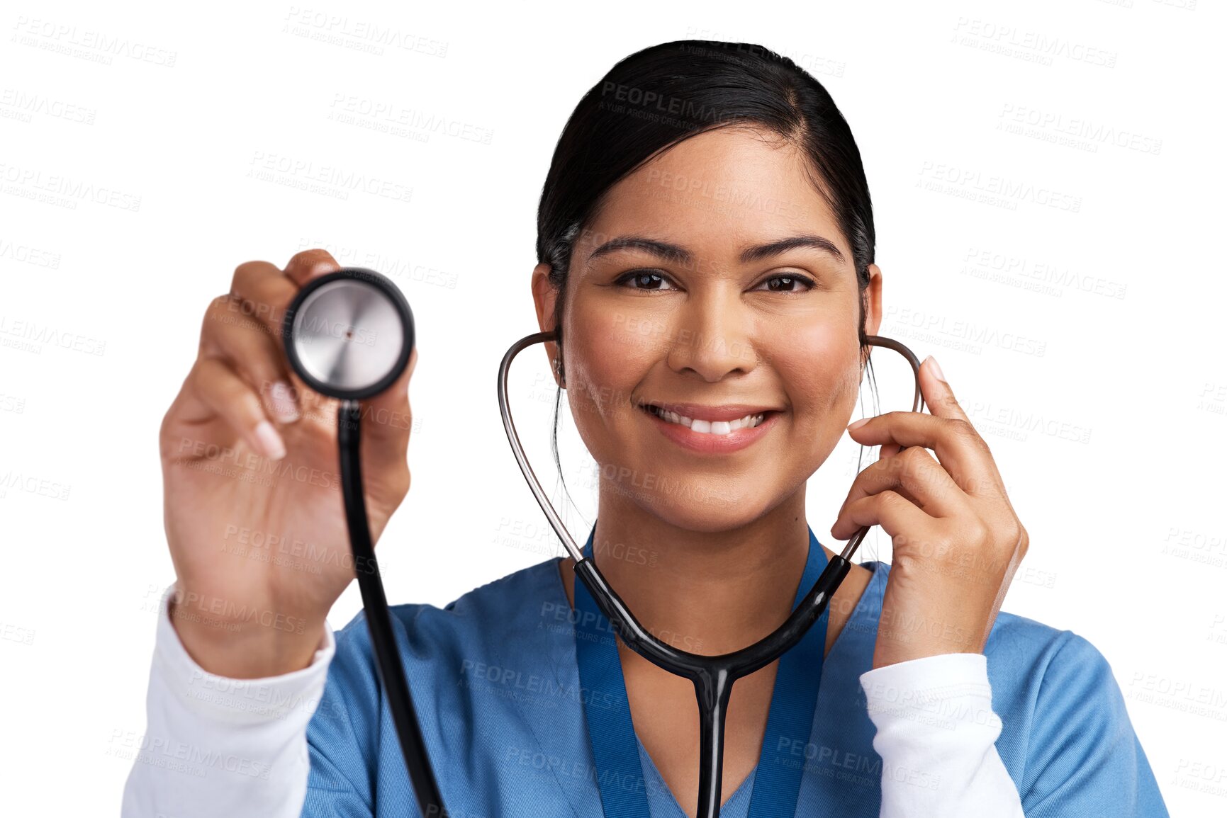 Buy stock photo Nurse, stethoscope and woman portrait isolated on transparent png background for cardiology, healthcare service. Heart, listening and face of doctor or medical latino person consulting patient in POV