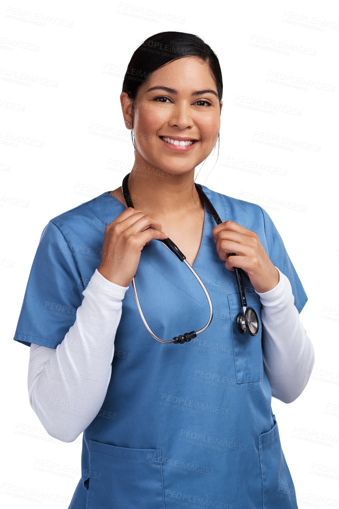 Buy stock photo Healthcare, stethoscope and a portrait of nurse woman isolated on a transparent png background. Professional person, surgeon or cardiology doctor with smile for health insurance and medicine career