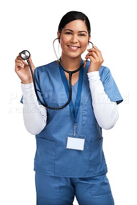 Buy stock photo Doctor, stethoscope and woman portrait isolated on transparent png background in cardiology, healthcare service. Heart health, listening and medical nurse or latino person in clinic consultation