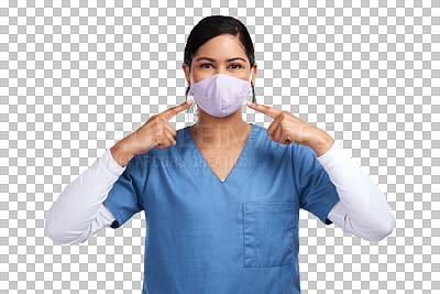Buy stock photo Healthcare, medical face mask and a woman nurse isolated on a transparent, png background. Professional female person, surgeon or doctor pointing finger at ppe safety for virus, covid or surgery