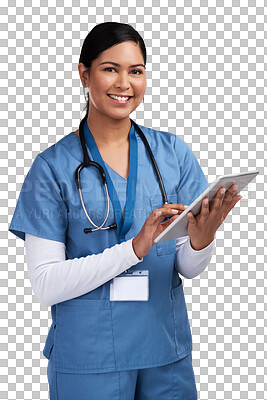 Buy stock photo Tablet, portrait and doctor, woman or nurse isolated on transparent png background for telehealth or paperless management. Service worker, happy face and medical female person typing on digital tech
