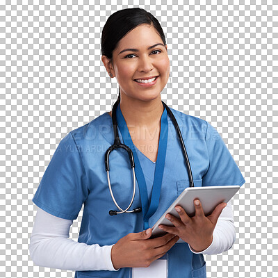 Buy stock photo Healthcare, portrait of a doctor woman with tablet and isolated against a transparent png background. Medical research, data review or information and happy or excited young female nurse or surgeon 
