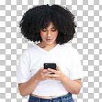 PNG studio shot of an attractive young woman using a smartphone and looking shocked.