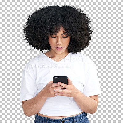 Buy stock photo Wow, surprise and woman reading phone for fake news, gossip or sale, announcement and social media. Shocked, mobile and african person with discount or giveaway isolated on transparent png background