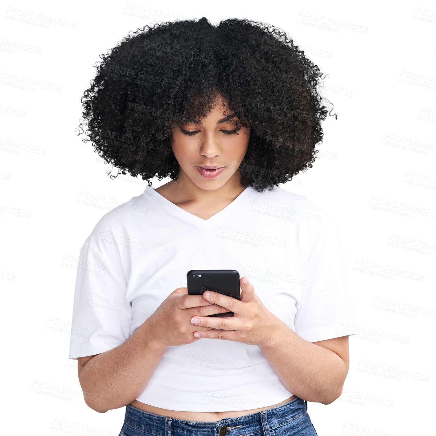 Buy stock photo Wow, surprise and woman reading phone for fake news, gossip or sale, announcement and social media. Shocked, mobile and african person with discount or giveaway isolated on transparent png background