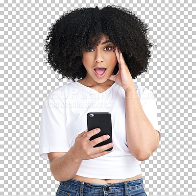 Buy stock photo Surprise, wow and woman portrait for phone news, fashion sale or giveaway on social media. Face, shocked and african person with promo, discount or mobile chat isolated on transparent png background