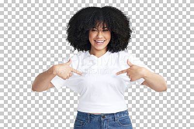 Buy stock photo Happy woman, portrait smile and afro pointing in fashion standing isolated on a transparent PNG background. Excited female person with curly hair or finger point in pride or proud for casual clothing