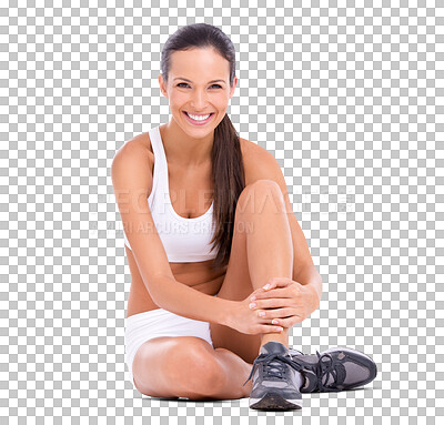 Buy stock photo Fitness, portrait and woman in underwear relax on a floor before training on isolated, transparent and png background. Face, smile and happy female runner smile after workout, run or cardio sports 
