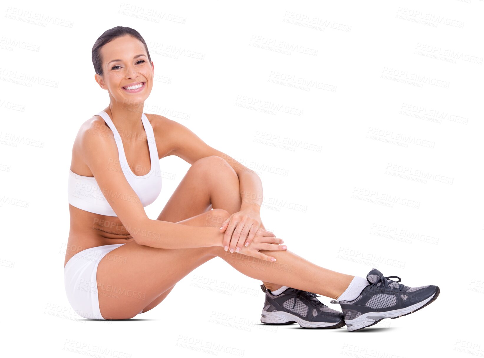 Buy stock photo Portrait, runner and woman in underwear relax on a floor before training on isolated, transparent and png background. Face, smile and happy female smile for fitness workout, run or cardio sports 