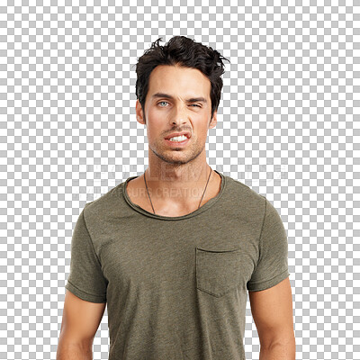 Buy stock photo Fashion style, portrait of a man with funny face isolated and against a transparent png background. Comedy or comic, humor or fun and young male person with facial expression for joke entertainment